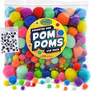 410 pieces - jumbo pom poms balls for craft supplies - 360 assorted large and small colored fuzzy pompoms with 50 googly eyes