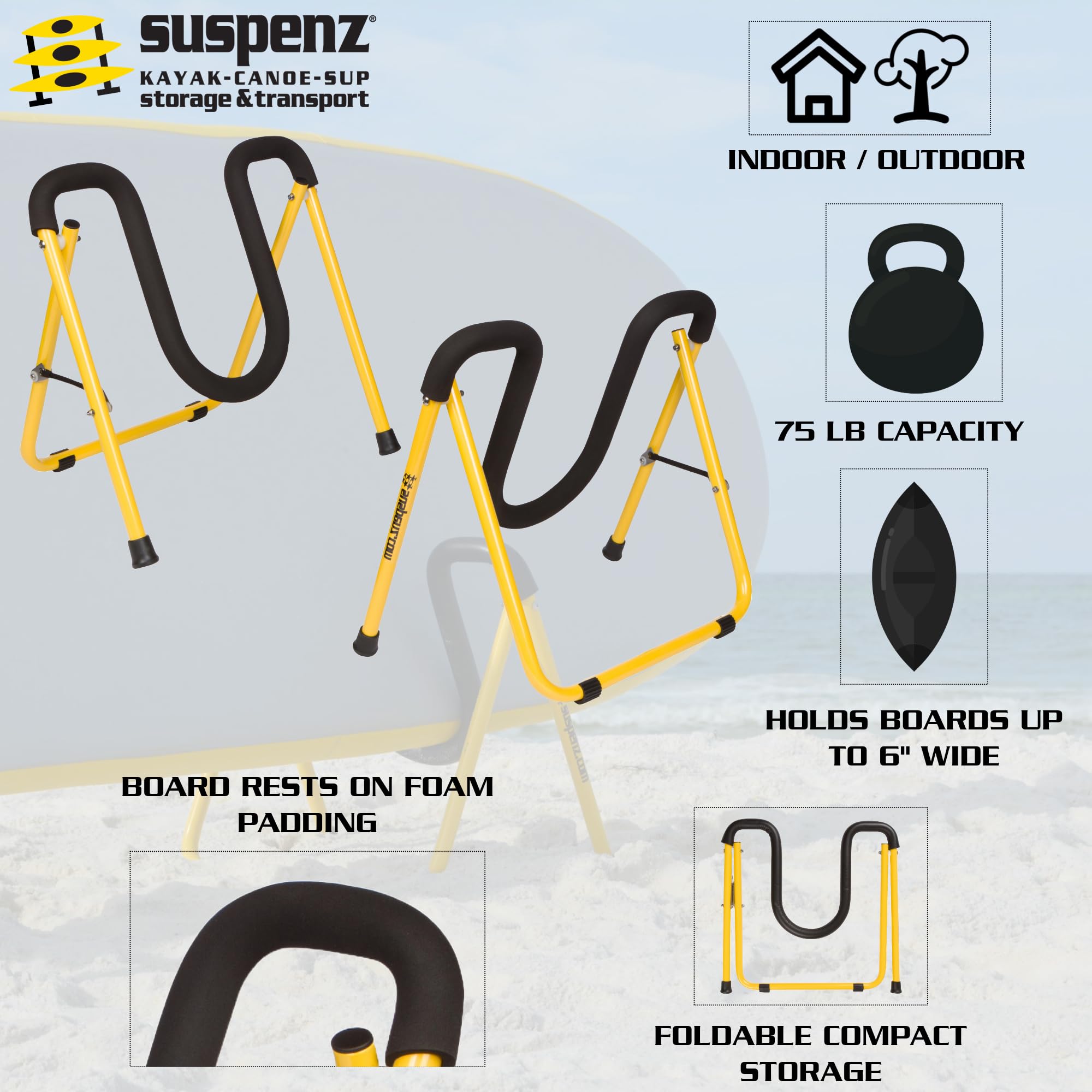 Suspenz SUP Stands, Stand Up Paddle Board, Surfboard Foldable Racks, EZ-Fold Portable Stand, Yellow 22-1901