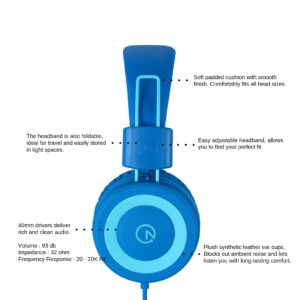 noot products Kids Headphones K11 Foldable Stereo Tangle-Free 5ft Long Cord 3.5mm Jack Plug in Wired On-Ear Headset for iPad/Amazon Kindle,Fire/Boy/Girl/School/Laptop/Tablet(Skyline Blue)