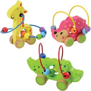 constructive playthings set of three wooden push along animal bead mazes featuring 6" w. alligator and 5 1/2" h. giraffe for ages 12 months and up