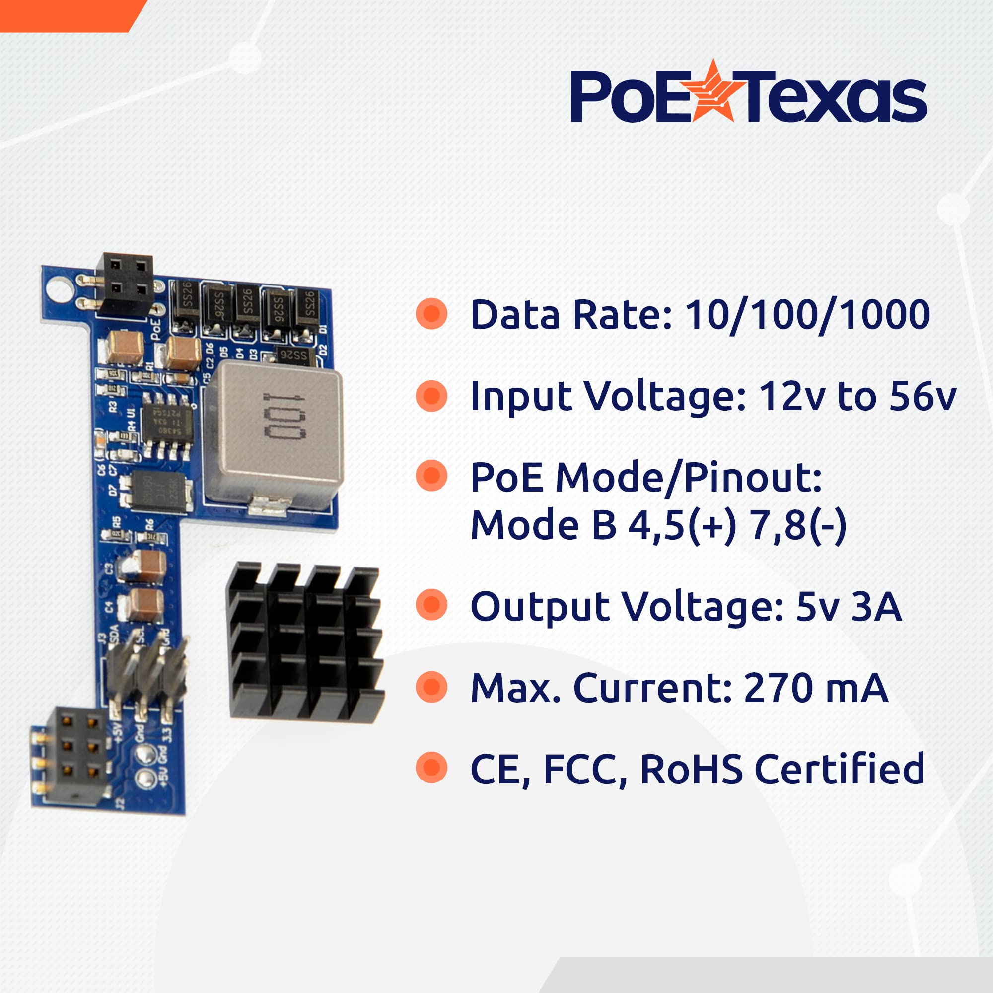 PoE Texas Raspberry Pi PoE Hat - Power Over Ethernet PiHat Fits Raspberry Pi 3 B+ and Pi 4 - Slim, Sleek, Compact, Heat Sink, Fanless - Works with 15 to 56 Volt Passive Network Switch or Injector
