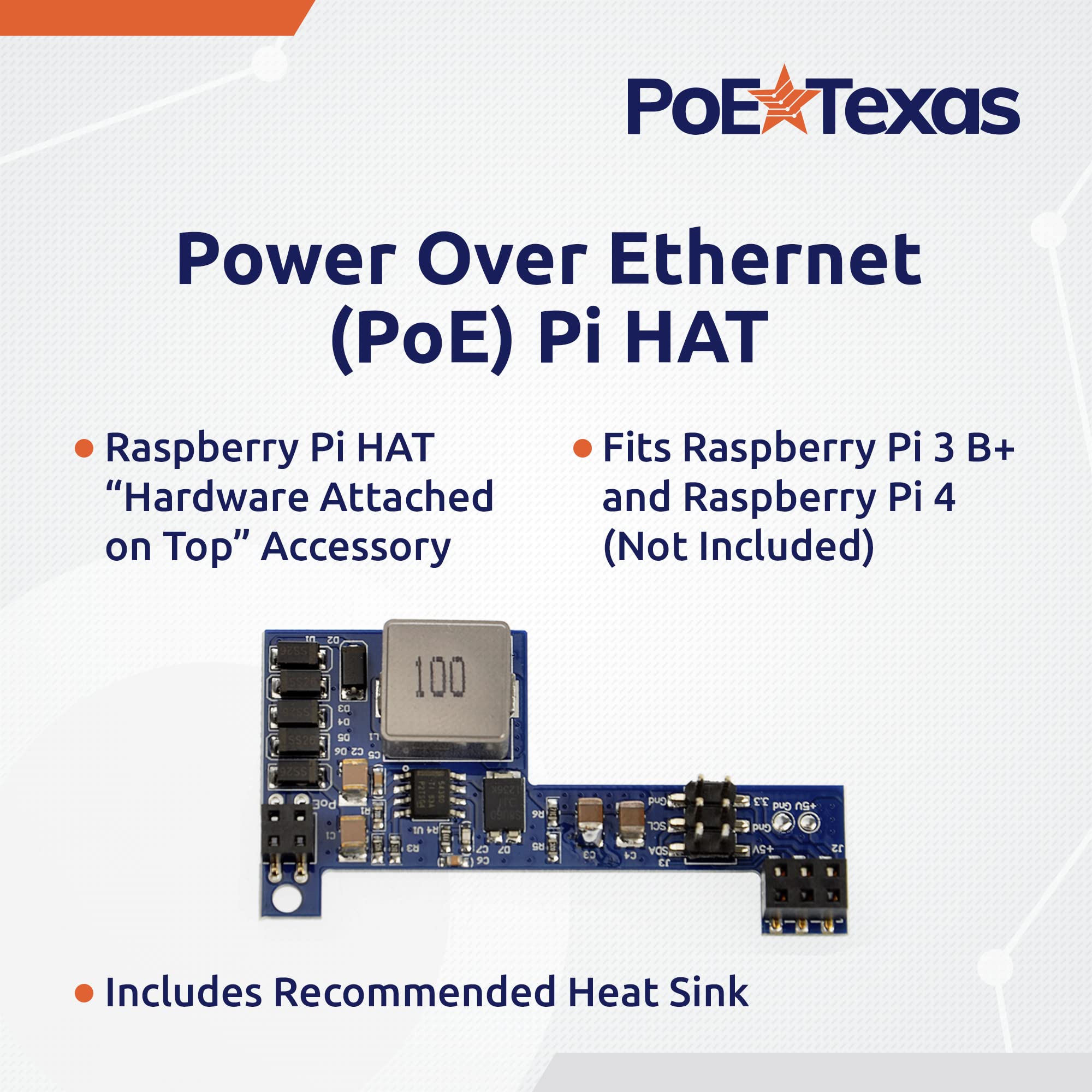PoE Texas Raspberry Pi PoE Hat - Power Over Ethernet PiHat Fits Raspberry Pi 3 B+ and Pi 4 - Slim, Sleek, Compact, Heat Sink, Fanless - Works with 15 to 56 Volt Passive Network Switch or Injector