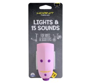hornit mini nano - bike & scooter horn and light for children and kids - 15 sound effects / 3 light settings (pink/purple)