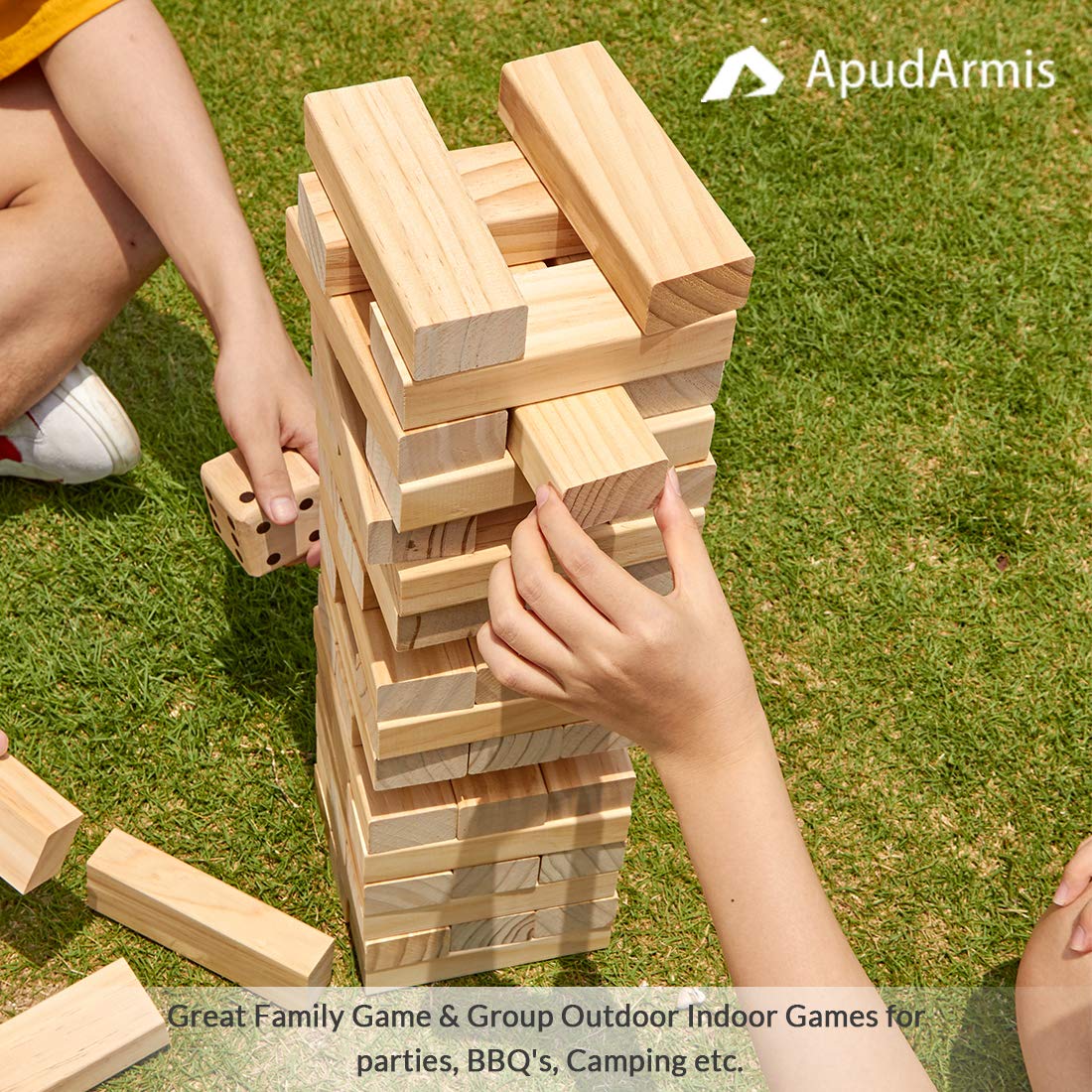 ApudArmis Giant Tumble Tower (Stack from 2Ft to Over 4.2Ft), 54 PCS Pine Wooden Stacking Timber Game with 1 Dice Set - Classic Block Giant Outdoor Game for Teens Adults Family