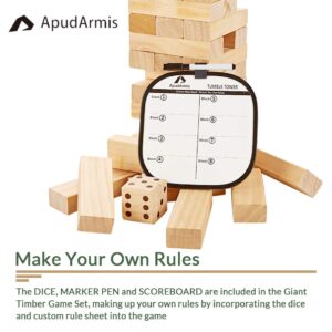 ApudArmis Giant Tumble Tower (Stack from 2Ft to Over 4.2Ft), 54 PCS Pine Wooden Stacking Timber Game with 1 Dice Set - Classic Block Giant Outdoor Game for Teens Adults Family