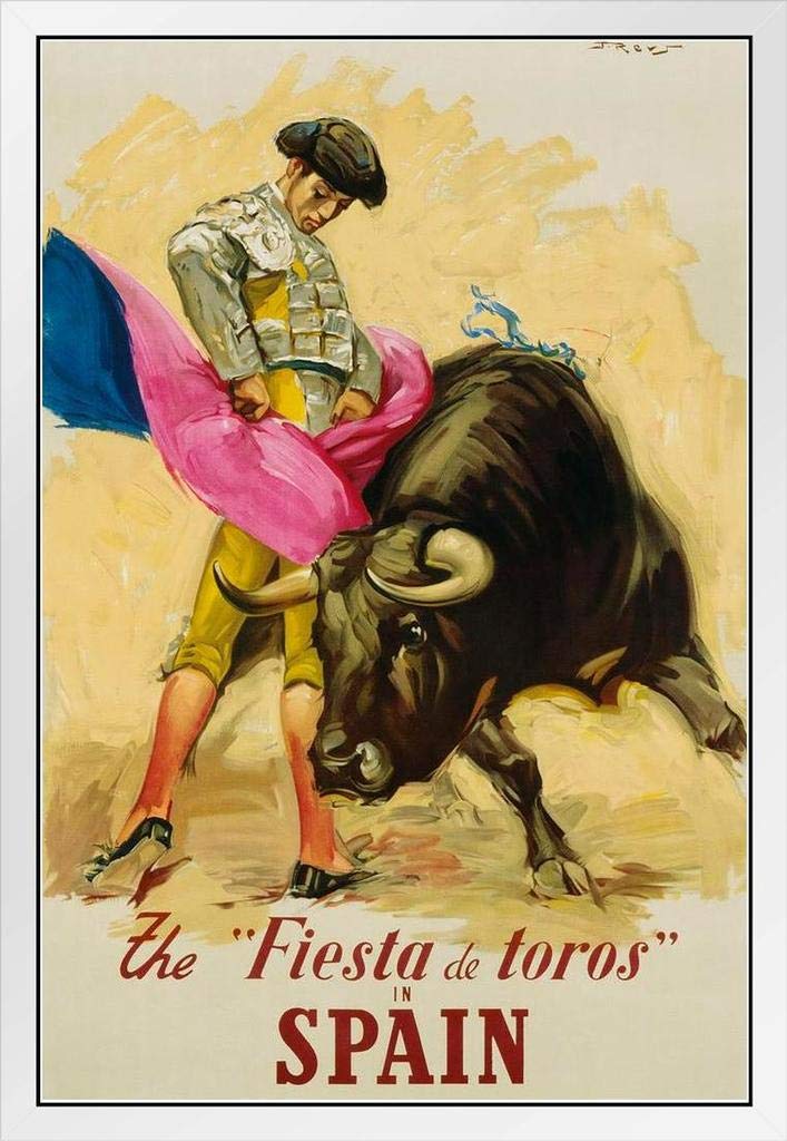 Spain The Fiesta De Toros Bullfighter Matador Vintage Illustration Travel Art Deco Vintage French Wall Art Nouveau 1920 French Advertising Vintage Poster Prints White Wood Framed Art Poster 14x20