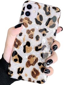 j.west for iphone 11 case 6.1 inch, luxury sparkle bling translucent white leopard print soft silicone tpu phone case slim fit fashion cheetah pattern design protective case for girls women