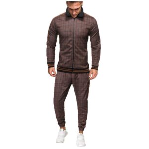 VEZAD Store Mens Plaid 2Pc Zipper Tracksuit,Autumn Printed Sweatshirt Top Pants Sets Sports Suit Tracksuit