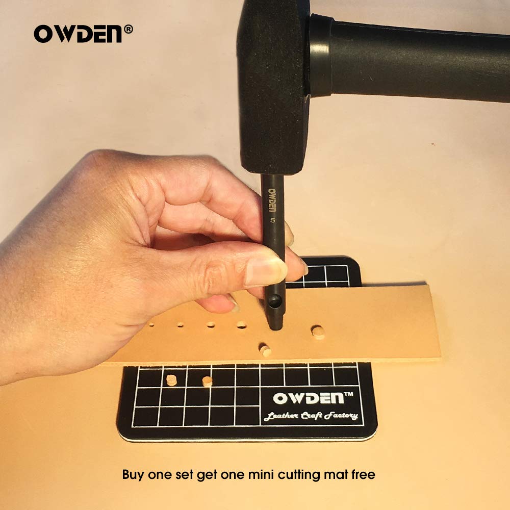 OWDEN Professional 6Pcs. Leather Hollow Punch Set. Size: 1.0-5.0mm for Leather Belt, Watch Band and Leather Strap Gasket. with a Free Mini Cutting mat.