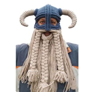 Adult Beard Viking Knit Hat Barbarian Bull Horn Crochet Beanie Handmade Wig Facemask Beanie for Men Warm Funny Ski Cap