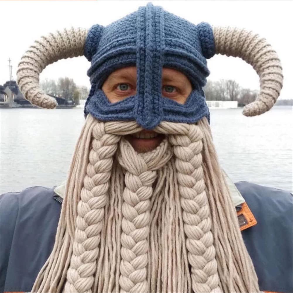 Adult Beard Viking Knit Hat Barbarian Bull Horn Crochet Beanie Handmade Wig Facemask Beanie for Men Warm Funny Ski Cap