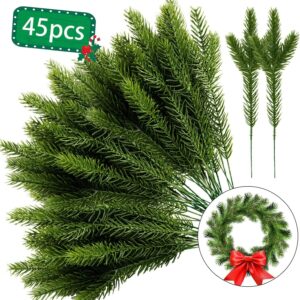 Alpurple 45 Packs Artificial Pine Needles Branches Garland-10.2x2.5 Inch Green Plants Pine Needles,Fake Greenery Pine Picks for DIY Garland Wreath Christmas Embellishing and Home Garden Decoration