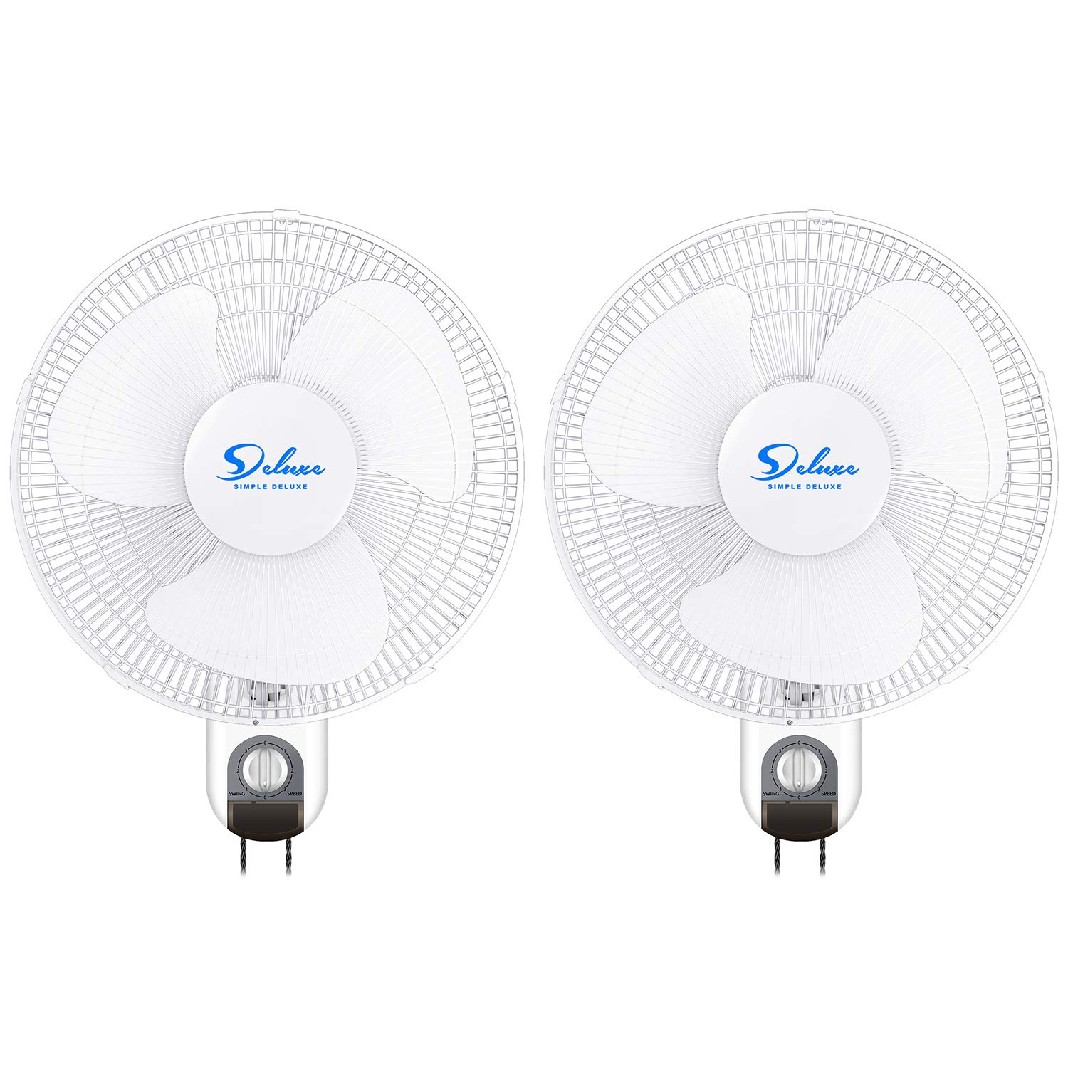 Simple Deluxe 16 Inch Digital Household Wall Mount Fans, Adjustable Tilt, 90 Degree, 3 Speed Settings, 2 Pack, White