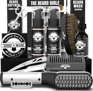 beard straightener grooming kit for men, beard growth kit, beard wash, brush & comb, unscented growth oil, all natural chanel balm, conditioner, razor & scissors, great gift idea for men's