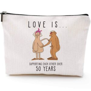 50th birthday gifts for women, 50th gifts for her, fun makeup bag-love is supporting each other over 50 years-birthday gifts for girlfriend wife boy friend husband-makeup bag storage bag snack bag