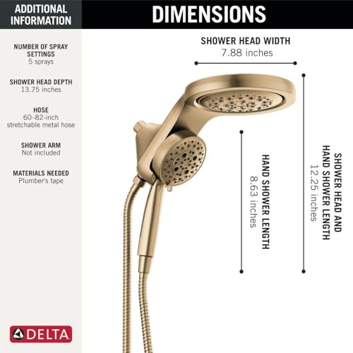 Delta Faucet HydroRain 5-Spray H2Okinetic Dual Shower Head with Handheld Spray, Gold Shower Head with Hose, Handheld Shower Heads, 2.5 GPM Flow Rate, Champagne Bronze 58680-CZ25