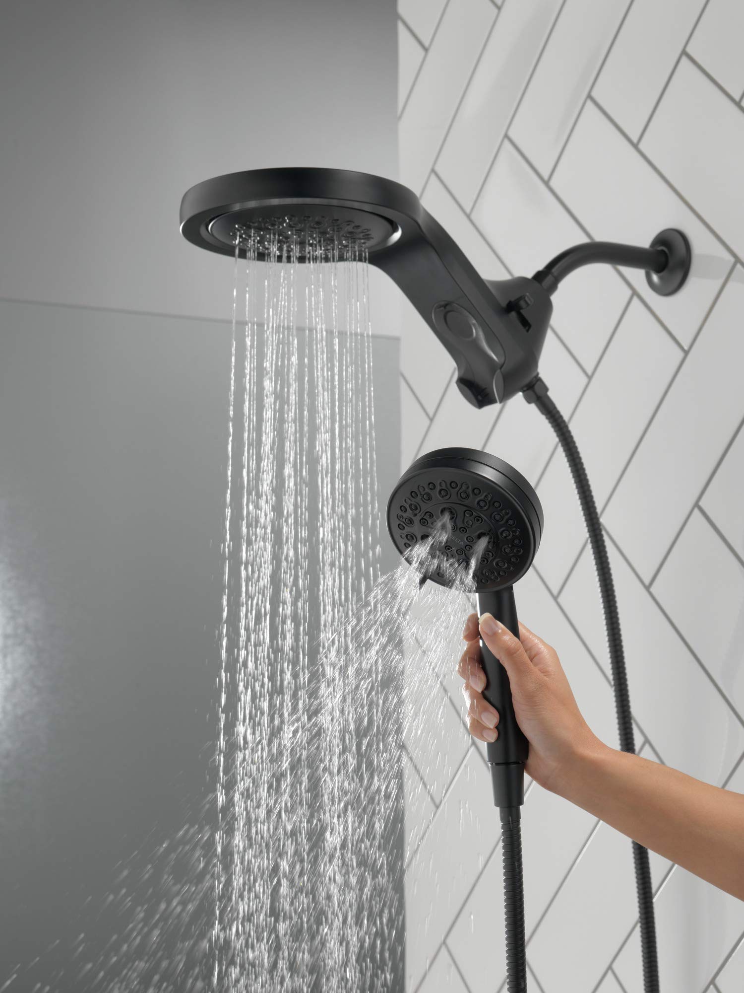 Delta Faucet HydroRain 5-Spray H2Okinetic Dual Shower Head with Handheld Spray, Black Shower Head with Hose, Handheld Shower Heads, Detachable Shower Head, 1.75 GPM Flow Rate, Matte Black 58680-BL