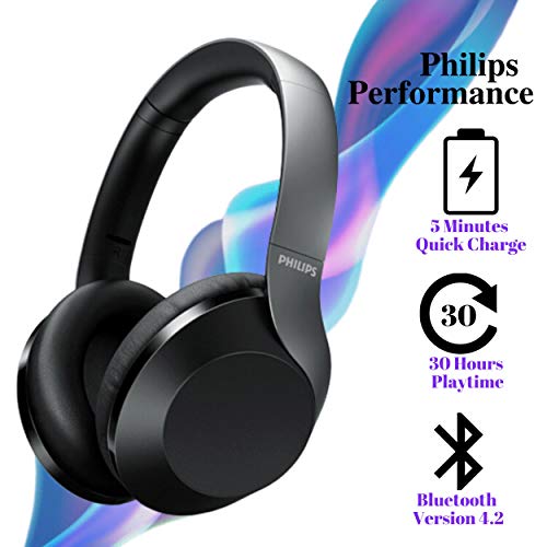 PHILIPS PH802 Wireless Bluetooth Over-Ear Headphones Noise Isolation Stereo with Hi-Res Audio, up to 30 Hours Playtime with Rapid Charge (TAPH802BK)