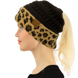 cc ponytail messy bun beanietail soft winter knit stretch beanie hat (leopard black)