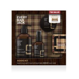 every man jack mens sandalwood beard kit - perfect for every guy - includes four full-sized grooming essentials - beard + face wash, beard oil, beard balm + beard comb