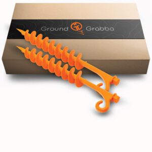 groundgrabba lite orange tent stakes - tent stakes for sand | screw in earth ground anchors for maximum grip and longevity in soft surfaces - 2 pack