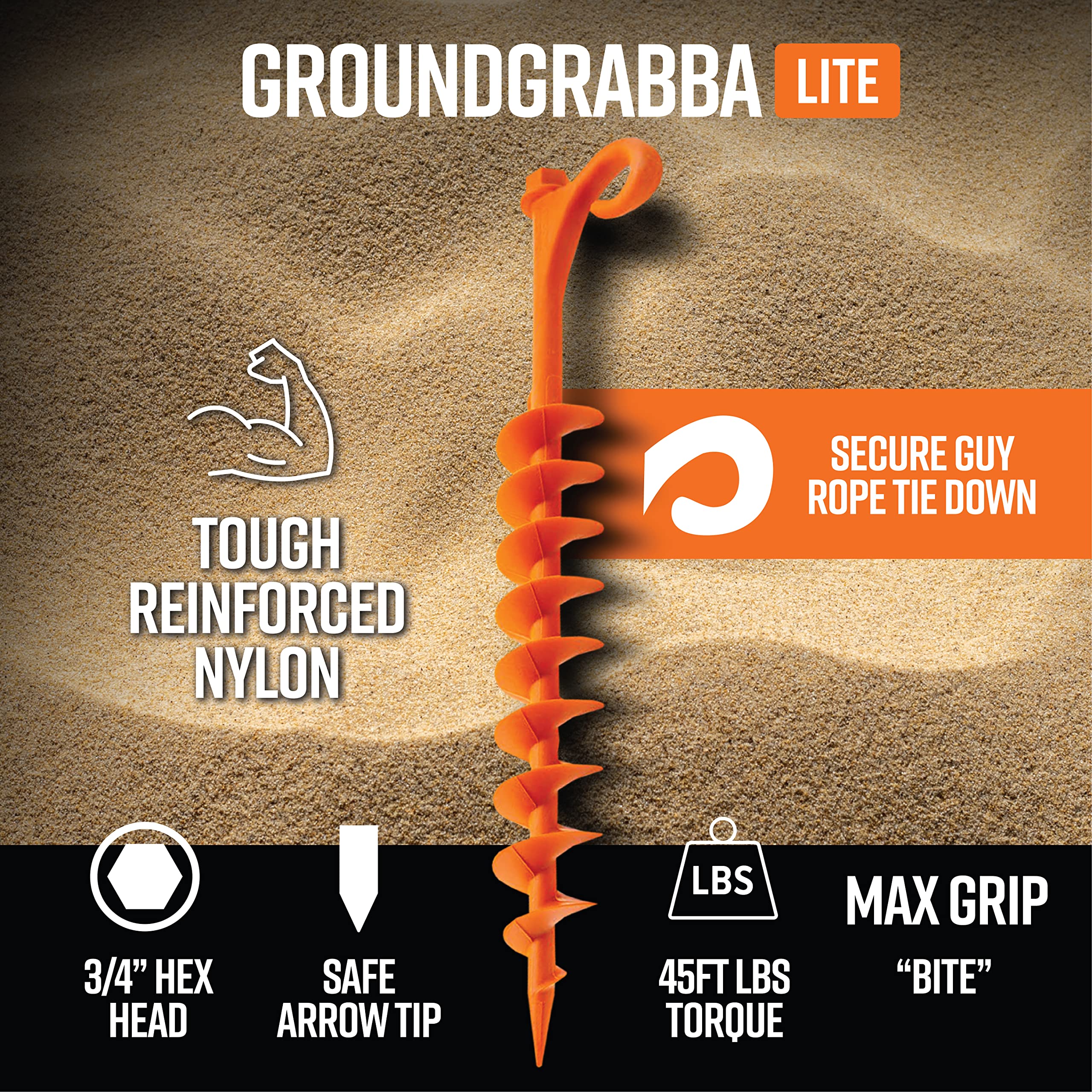 GROUNDGRABBA Lite Orange Tent Stakes - Tent Stakes for Sand | Screw in Earth Ground Anchors for Maximum Grip and Longevity in Soft Surfaces - 2 Pack