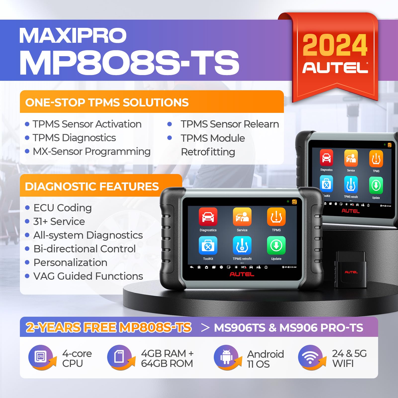 Autel MaxiPRO MP808S-TS Bidirectional Tool: 2024 2-Years Free Update OBDII Scanner with TPMS Programming, Active Test, 31+ Service, All System Scan, ECU Coding as MP808BT Pro, MS906TS, MS906 Pro-TS