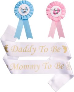 baby shower mom to be sash and daddy to be tinplate badge pin kit gender reveals party gifts - light blue