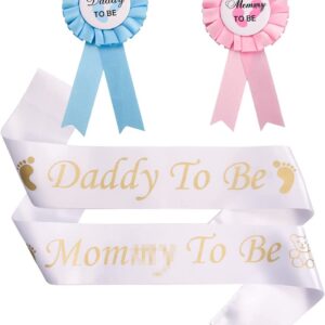 Baby Shower Mom To Be Sash and Daddy To Be Tinplate Badge Pin Kit Gender Reveals Party Gifts - Light Blue