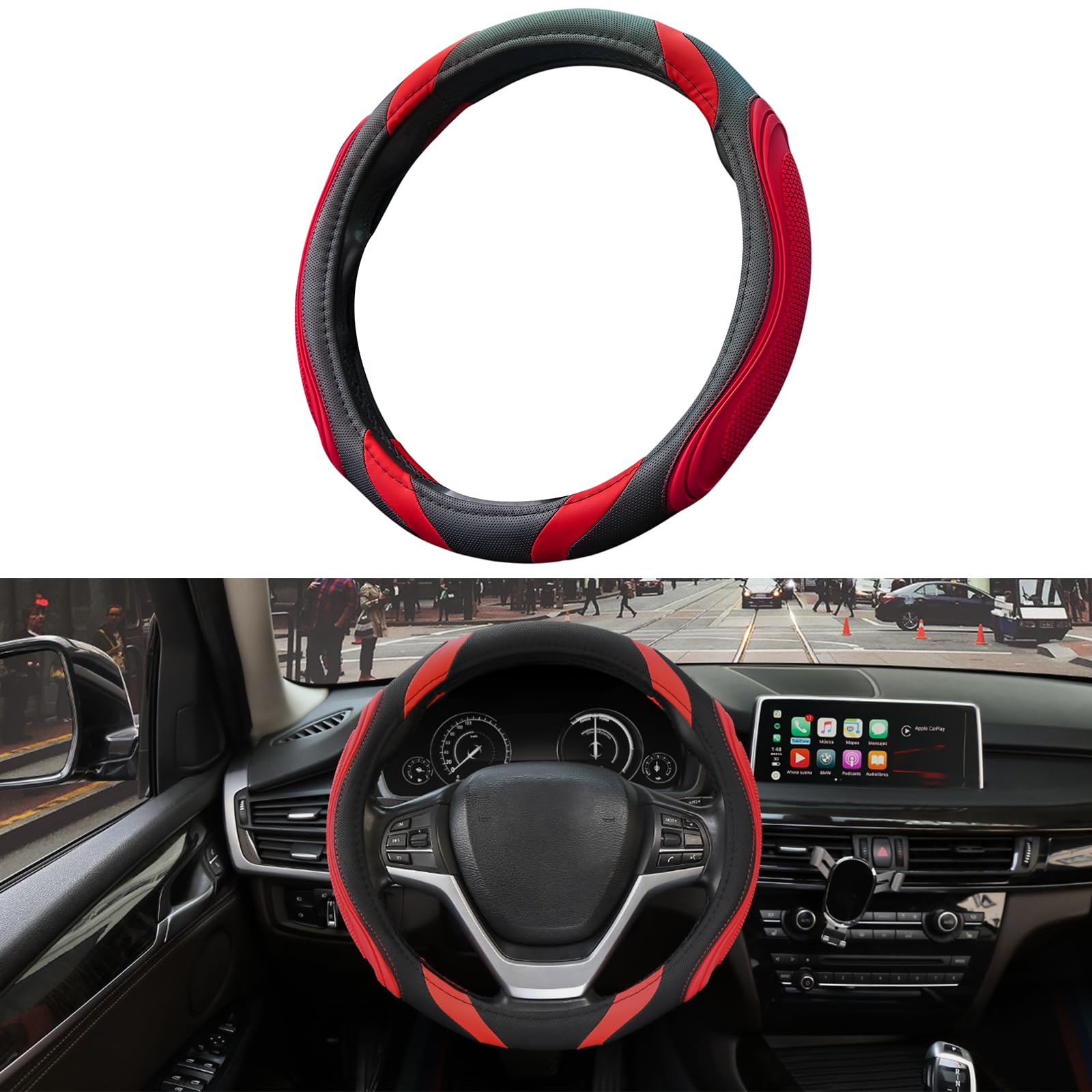 XCBYT Steering Wheel Cover - 14.5-15 Inch Car Microfiber Leather Steering Wheel Wrap Black Red Sports Fan Design Non-Slip for Man Women