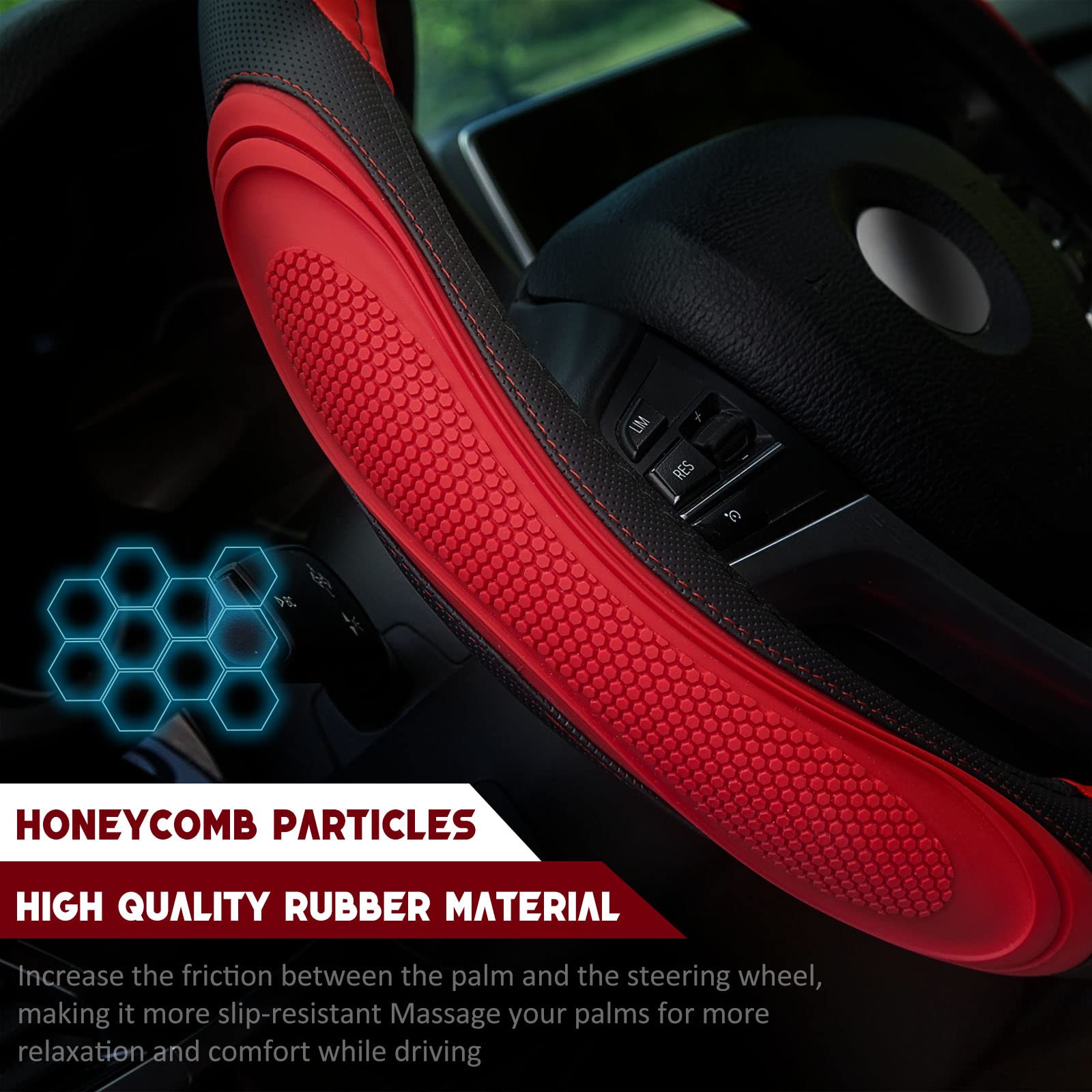 XCBYT Steering Wheel Cover - 14.5-15 Inch Car Microfiber Leather Steering Wheel Wrap Black Red Sports Fan Design Non-Slip for Man Women