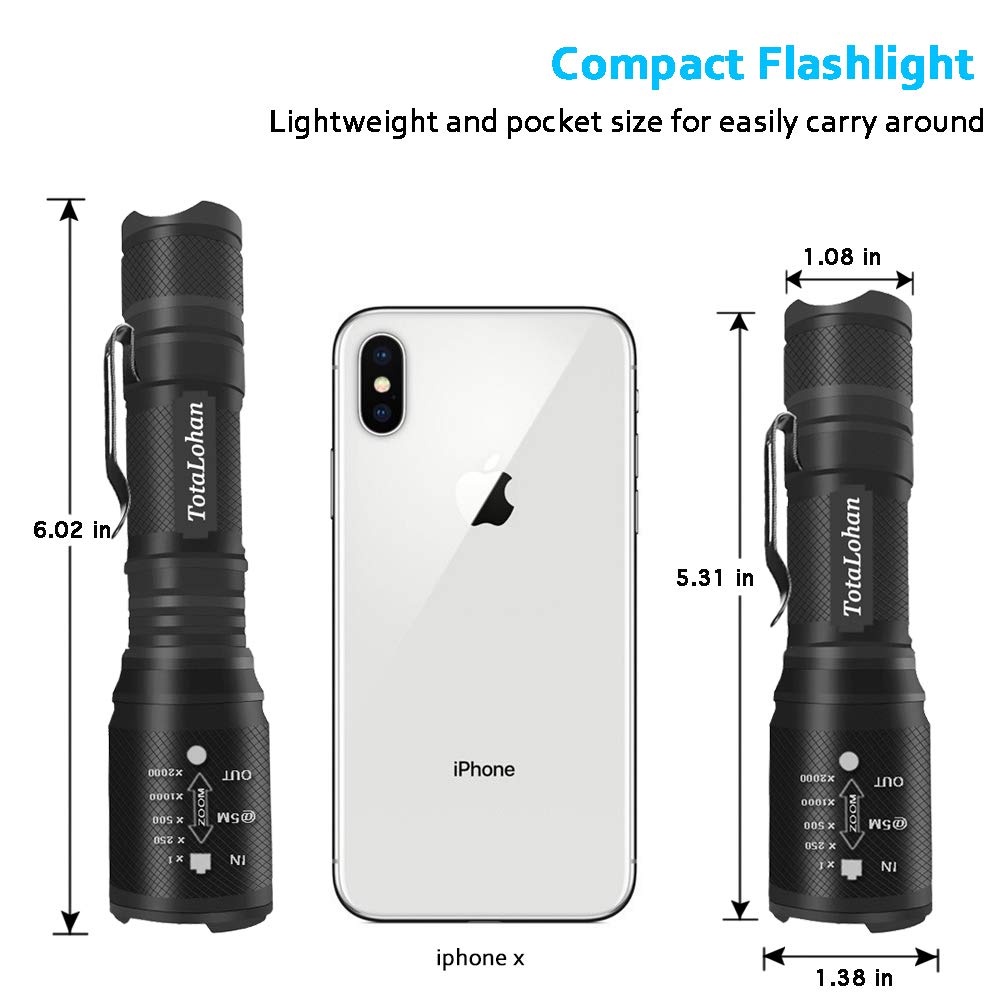 TotaLohan Tactical LED Flashlight 2000 Lumens 5 Modes Flashlights with Belt Clip for Hurricane Camping Hiking Emergency,2 Pack