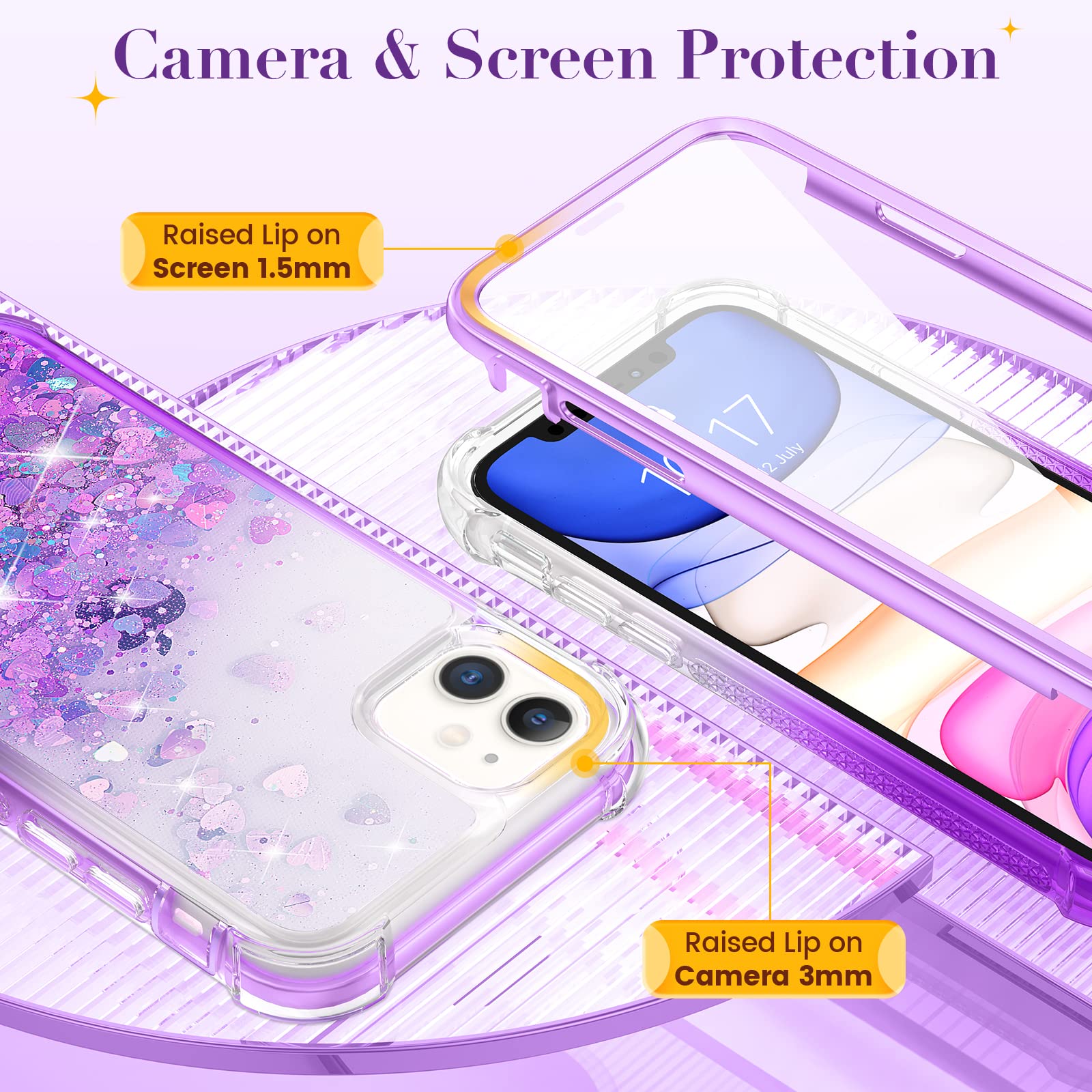 Ruky for iPhone 11 Full Body Case with Built-in Screen Protector Glitter Liquid Floating Shockproof Protective Girls Women Heavy Duty Phone Case for iPhone 11 6.1 inches 2019 (Gradient Purple)