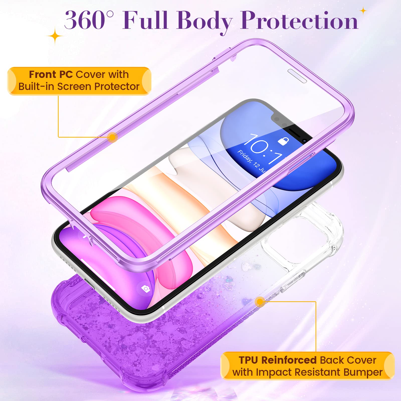 Ruky for iPhone 11 Full Body Case with Built-in Screen Protector Glitter Liquid Floating Shockproof Protective Girls Women Heavy Duty Phone Case for iPhone 11 6.1 inches 2019 (Gradient Purple)