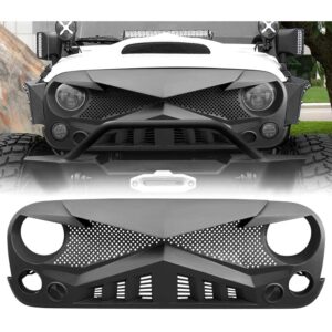 american modified hawke easy installation front grille cover for 2007 to 2018 jeep wrangler, jk/jku, rubicon, and sahara sport, matte black