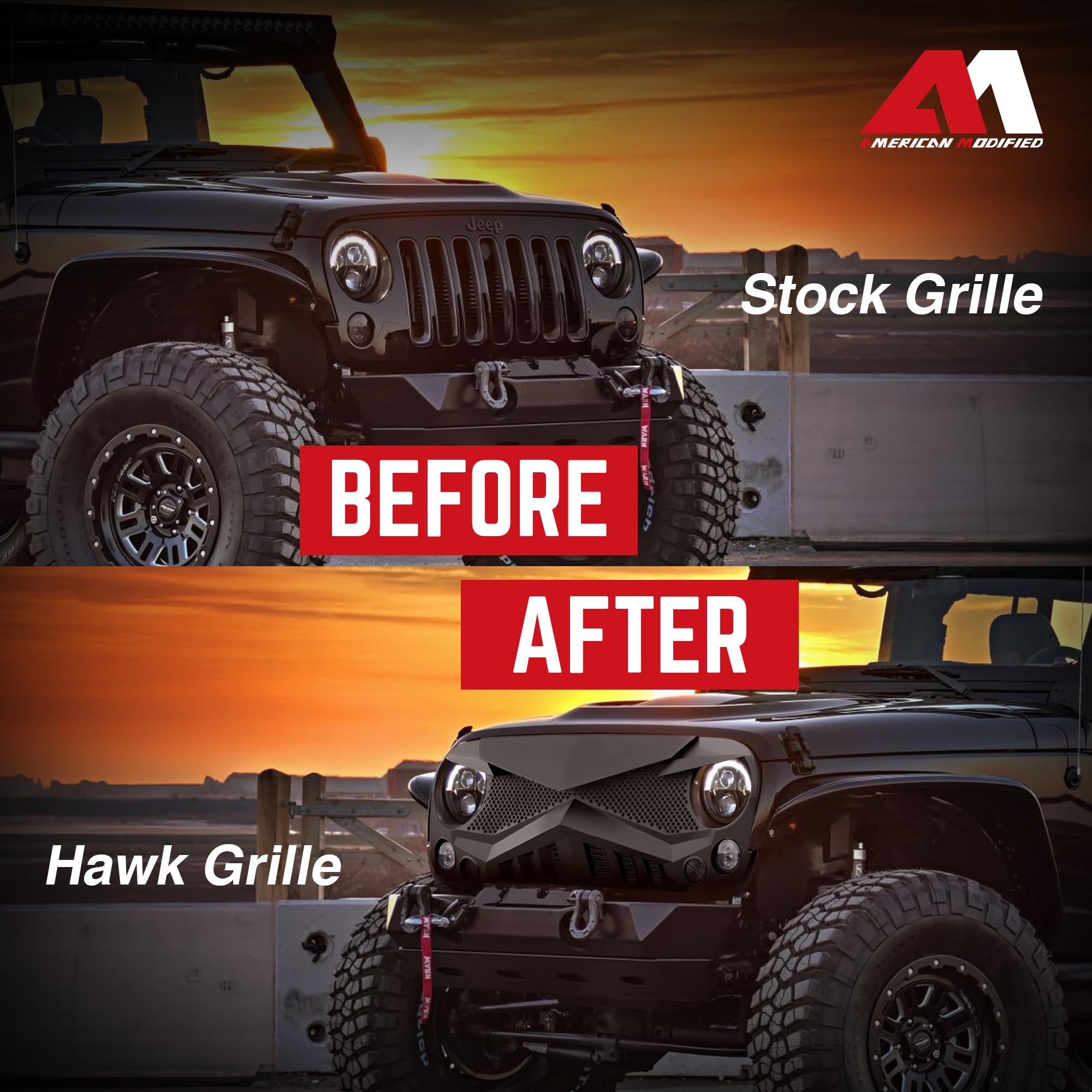 American Modified Hawke Easy Installation Front Grille Cover for 2007 to 2018 Jeep Wrangler, JK/JKU, Rubicon, and Sahara Sport, Matte Black