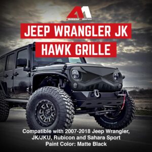 American Modified Hawke Easy Installation Front Grille Cover for 2007 to 2018 Jeep Wrangler, JK/JKU, Rubicon, and Sahara Sport, Matte Black