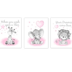 Pink Baby Girl Nursery Art Safari Animals Elephant affe Lion Wall Decor 3 UNFRAMED PRINTS