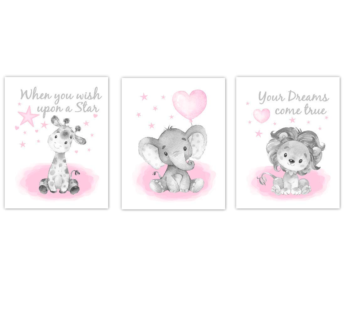 Pink Baby Girl Nursery Art Safari Animals Elephant affe Lion Wall Decor 3 UNFRAMED PRINTS