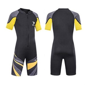 zcco kids short wetsuits 2.5mm children's neoprene suit short sleeve, youth boy's and girl's one piece shorty wetsuit for diving,swimming,surfing water sports(dk-bk-l)