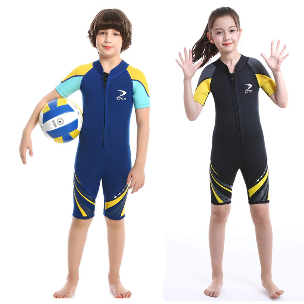 ZCCO Kids Short Wetsuits 2.5mm Children's Neoprene Suit Short Sleeve, Youth Boy's and Girl's One Piece Shorty Wetsuit for Diving,Swimming,Surfing Water Sports(DK-BK-L)