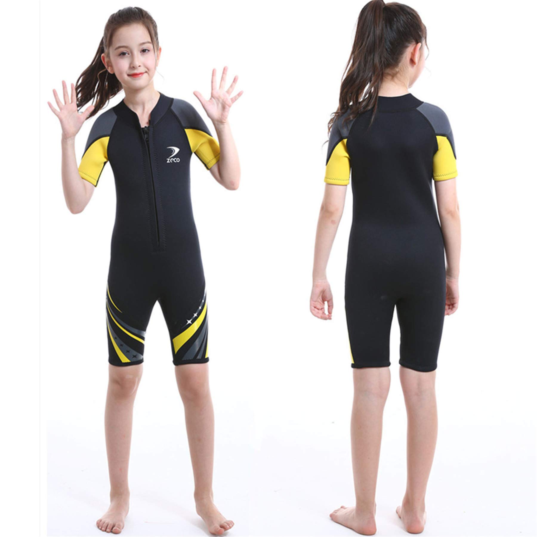 ZCCO Kids Short Wetsuits 2.5mm Children's Neoprene Suit Short Sleeve, Youth Boy's and Girl's One Piece Shorty Wetsuit for Diving,Swimming,Surfing Water Sports(DK-BK-L)