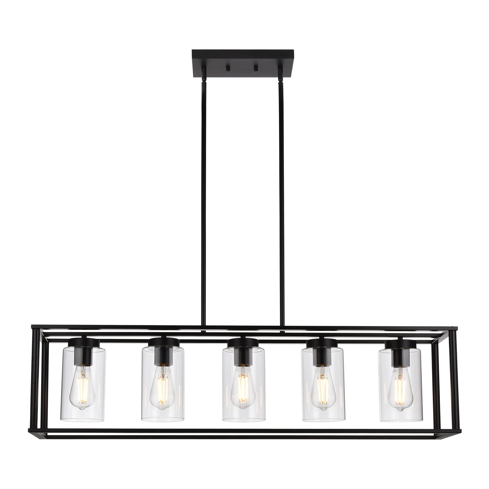 VINLUZ Farmhouse Chandeliers Rectangle Black 5 Light Dining Room Lighting Fixtures Hanging, Kitchen Island Cage Pendant Lights Contemporary Modern Ceiling Light with Glass Shade Adjustable Rods