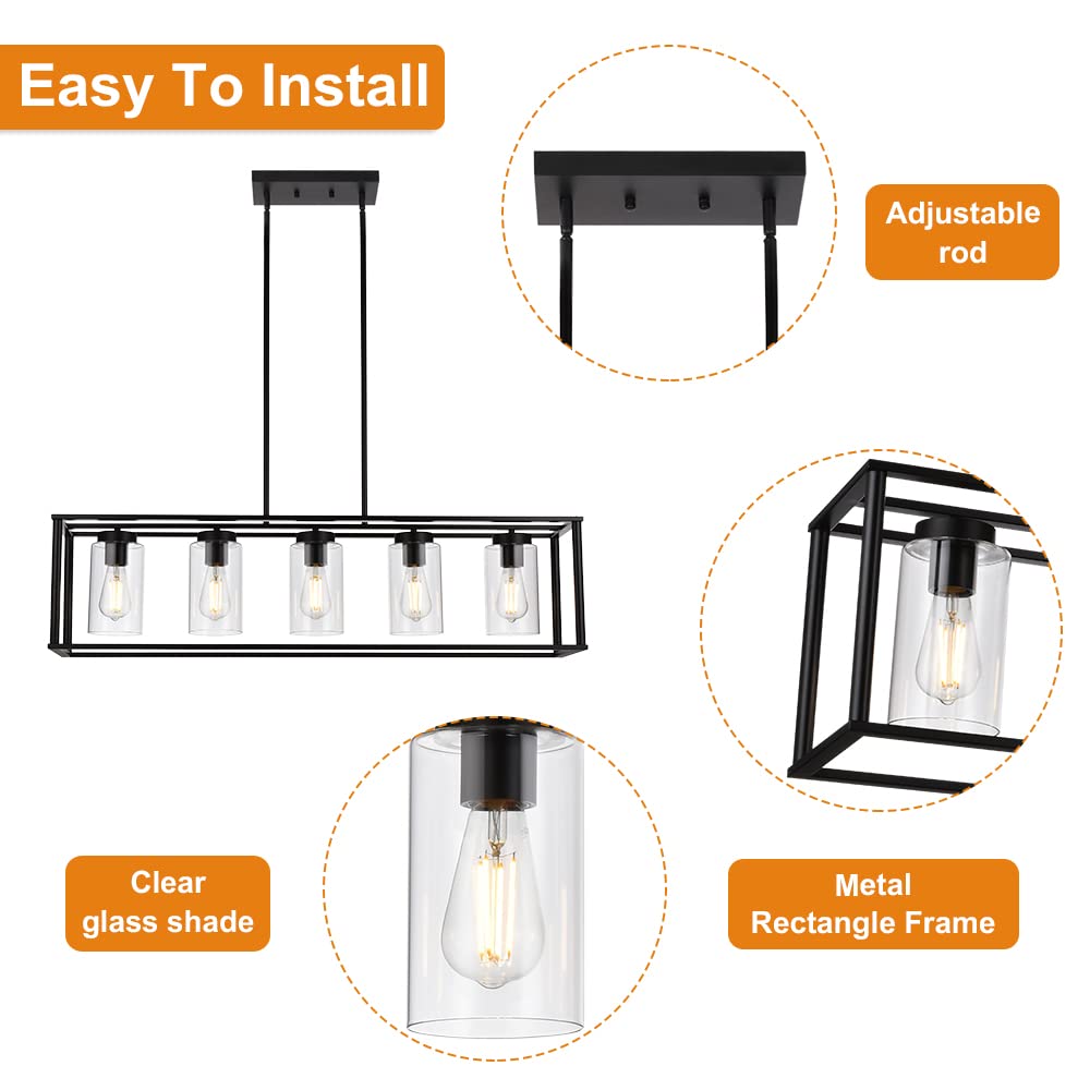 VINLUZ Farmhouse Chandeliers Rectangle Black 5 Light Dining Room Lighting Fixtures Hanging, Kitchen Island Cage Pendant Lights Contemporary Modern Ceiling Light with Glass Shade Adjustable Rods