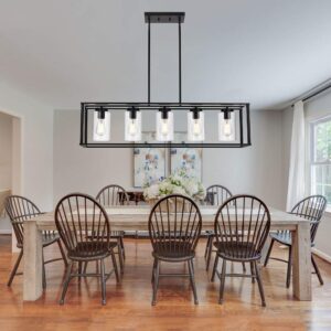 VINLUZ Farmhouse Chandeliers Rectangle Black 5 Light Dining Room Lighting Fixtures Hanging, Kitchen Island Cage Pendant Lights Contemporary Modern Ceiling Light with Glass Shade Adjustable Rods