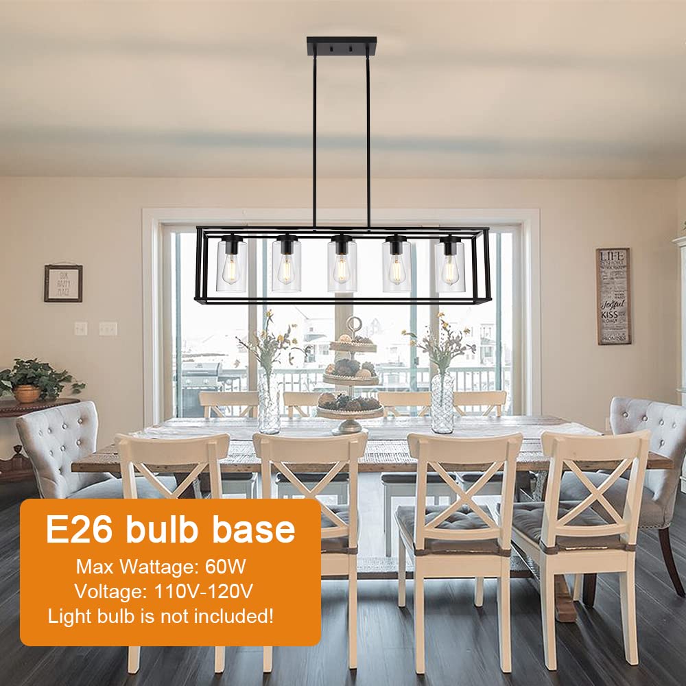 VINLUZ Farmhouse Chandeliers Rectangle Black 5 Light Dining Room Lighting Fixtures Hanging, Kitchen Island Cage Pendant Lights Contemporary Modern Ceiling Light with Glass Shade Adjustable Rods