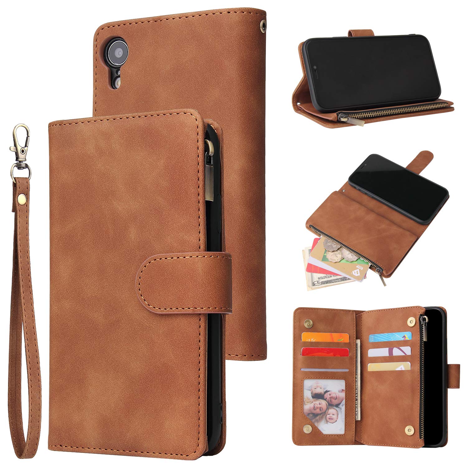 UEEBAI Wallet Case for iPhone XR, Premium Vintage PU Leather Magnetic Closure Handbag Zipper Pocket Cover Kickstand Card Holder Slots with Wrist Strap TPU Shockproof Flip Case for iPhone XR - Brown