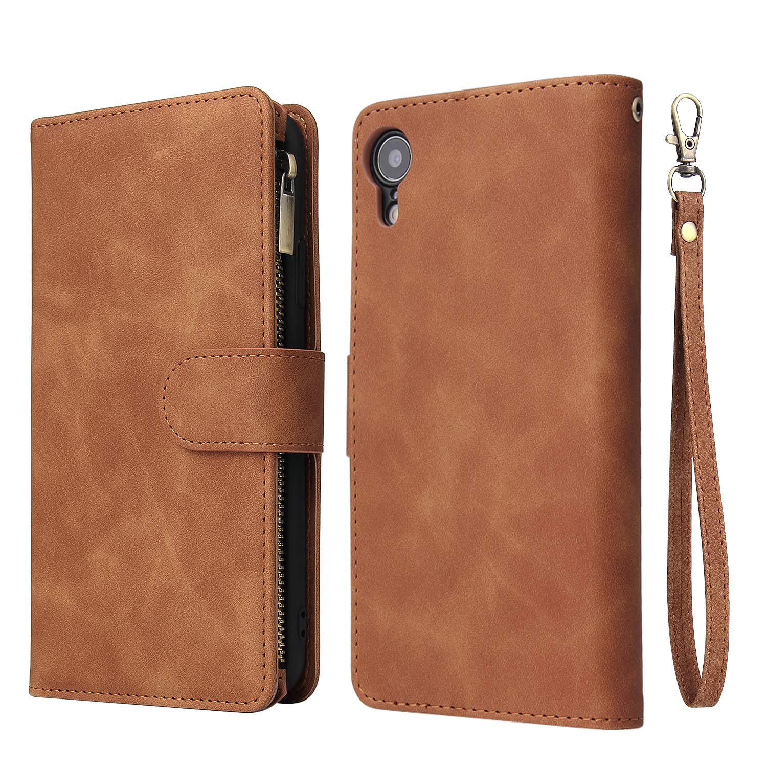 UEEBAI Wallet Case for iPhone XR, Premium Vintage PU Leather Magnetic Closure Handbag Zipper Pocket Cover Kickstand Card Holder Slots with Wrist Strap TPU Shockproof Flip Case for iPhone XR - Brown