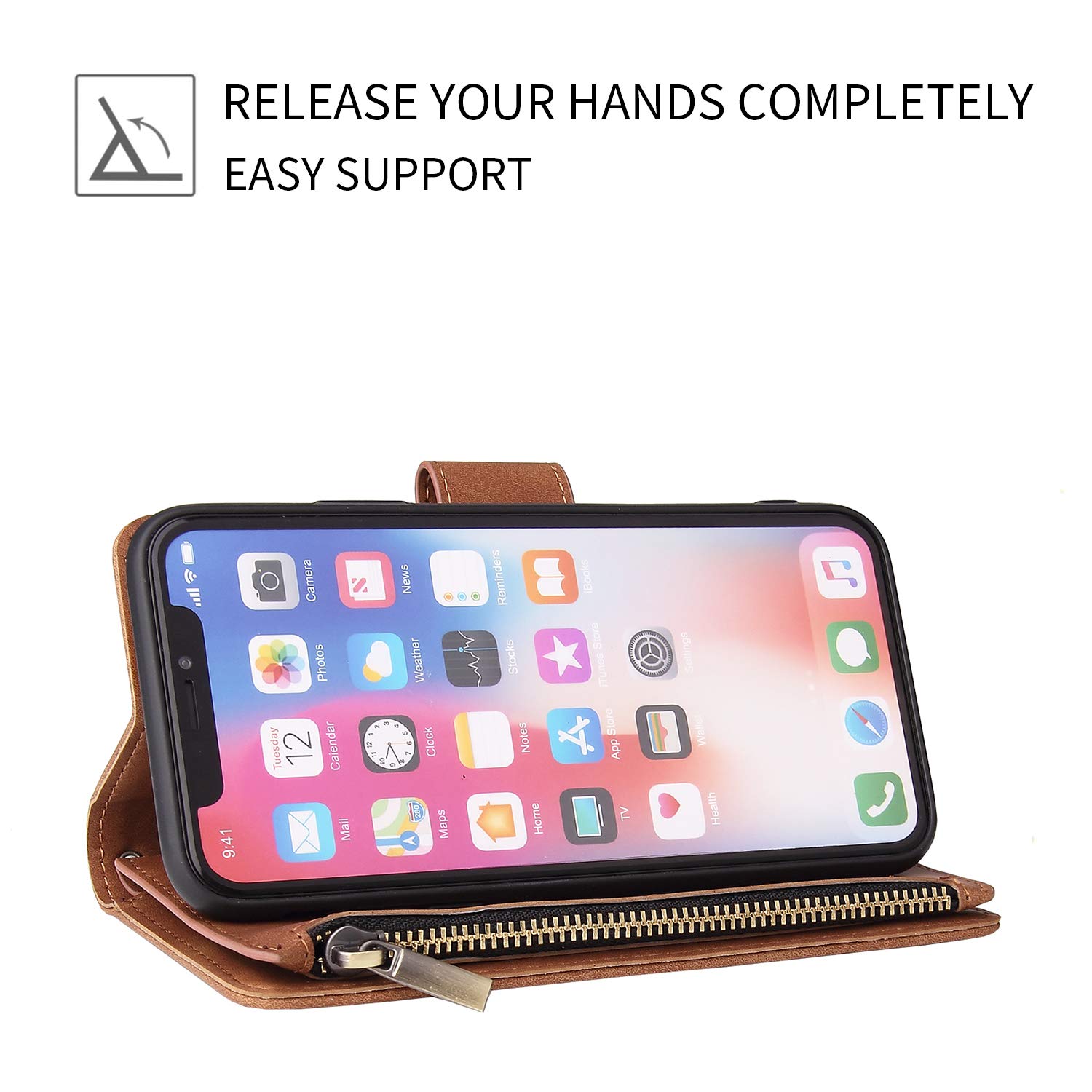 UEEBAI Wallet Case for iPhone XR, Premium Vintage PU Leather Magnetic Closure Handbag Zipper Pocket Cover Kickstand Card Holder Slots with Wrist Strap TPU Shockproof Flip Case for iPhone XR - Brown