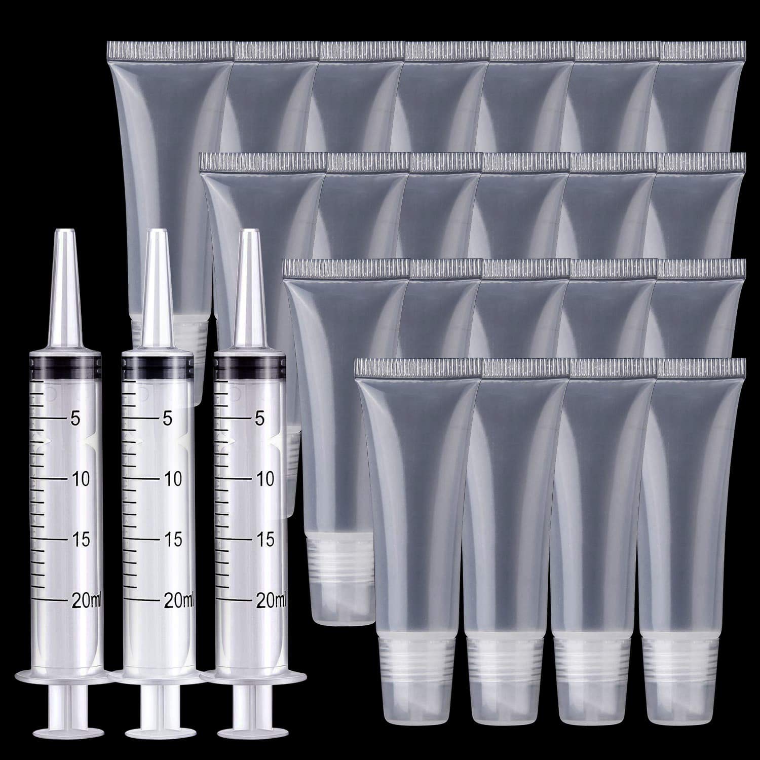 BAGTeck 25Pcs Lip gloss Empty Tubes Containers(10ml),20ml Plastic Syringe Dispensing，Refillable Empty Tubes Clear Cosmetic Containers Soft Tube，For Women &Girls DIY Lip Gloss Cosmetics